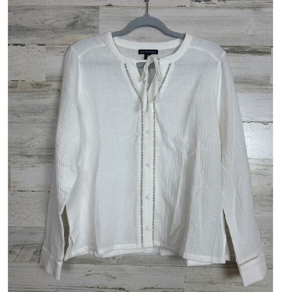 Saks Fifth Avenue Womens medium White Tie-Up Neckline Top long sleeve boho light - Picture 2 of 7